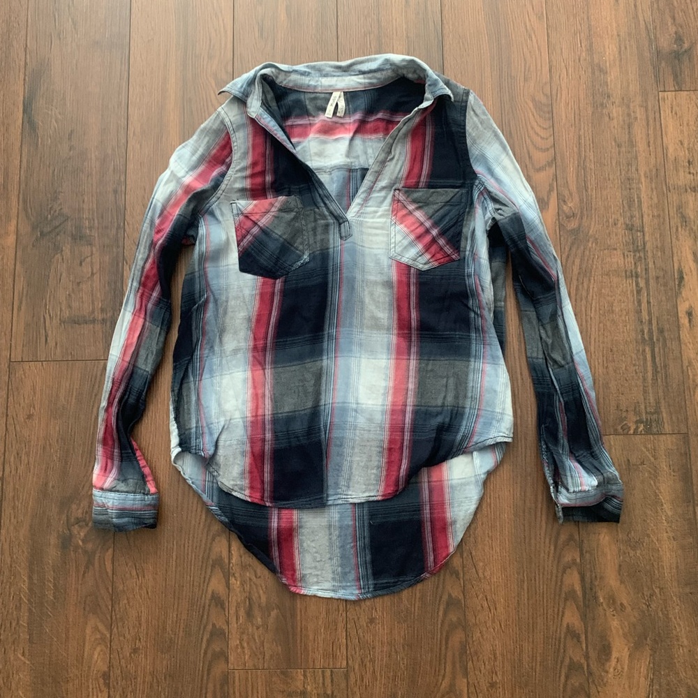 Blue and red pull over flannel blouse